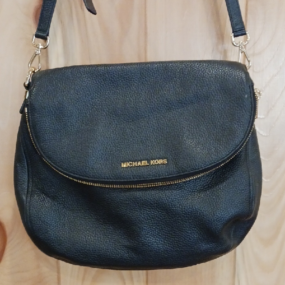 Michael Kors Black Pebbled Leather Shoulder Bag Medium Convertible Flap
